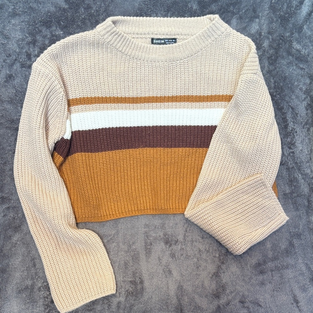 SHEIN Beige, White, and Brown Striped Sweater